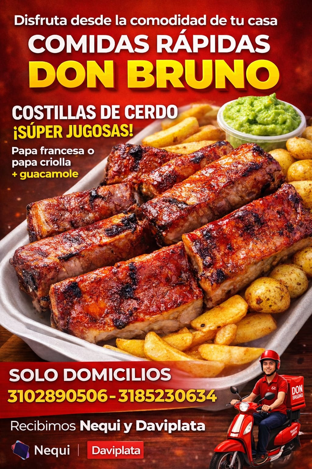Costillas de cerdo BBQ Don Bruno con papas y guacamole